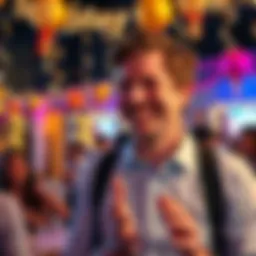 Sam Altman smiling at a festive party with decorations and people celebrating