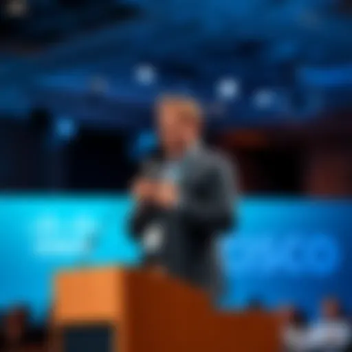 Sam Altman speaks at a podium during Cisco's AI Summit, discussing full AI firms and technology integration.