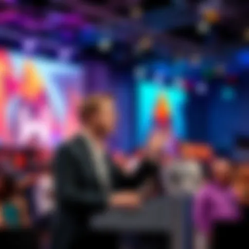 Sam Altman speaking at a podium during a technology conference discussing copyright issues