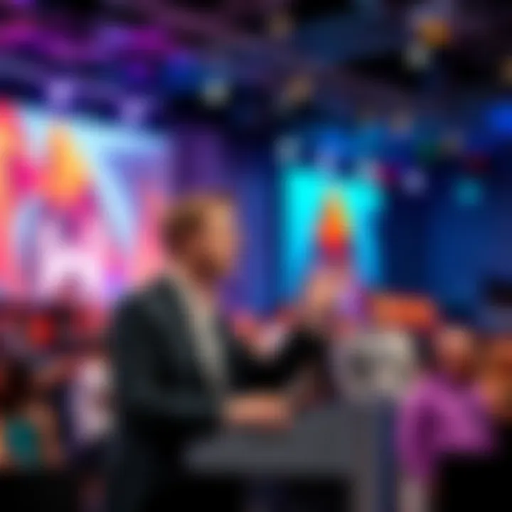 Sam Altman speaking at a podium during a technology conference discussing copyright issues
