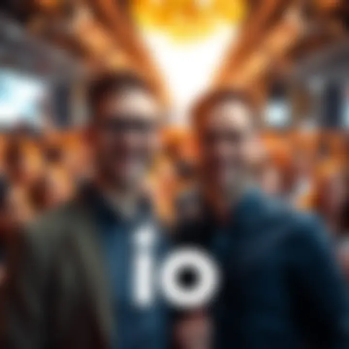 Sam and Jony smiling, standing together at the launch event for their new tech venture io, surrounded by a crowd of excited people.