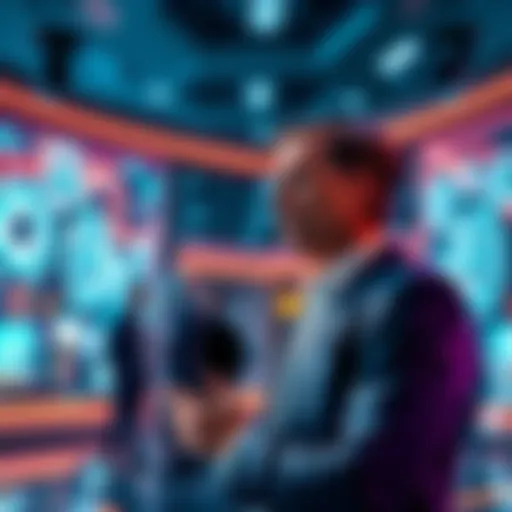 Sam speaking at the ARC-AGI-3 launch event, surrounded by AI technology displays