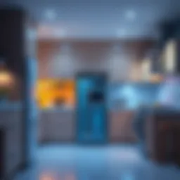 A modern kitchen featuring Samsung appliances with AI technology, including a smart fridge and washing machine.