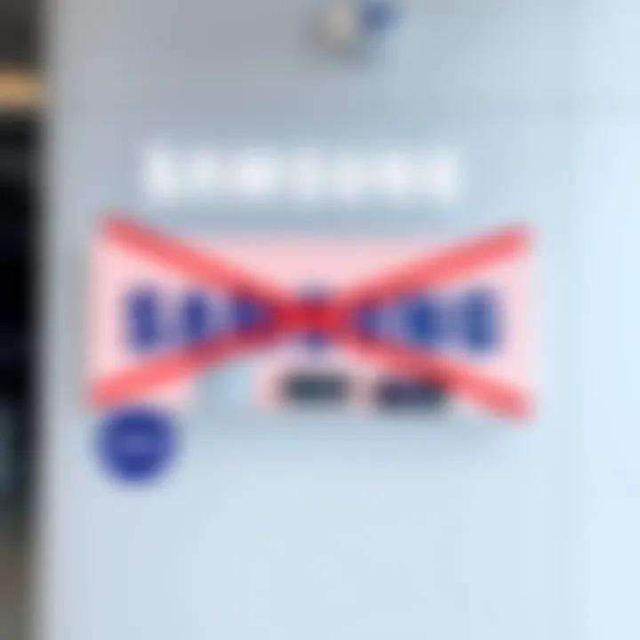 Samsung logo with illustrations of home appliances crossed out, symbolizing halted sales in China
