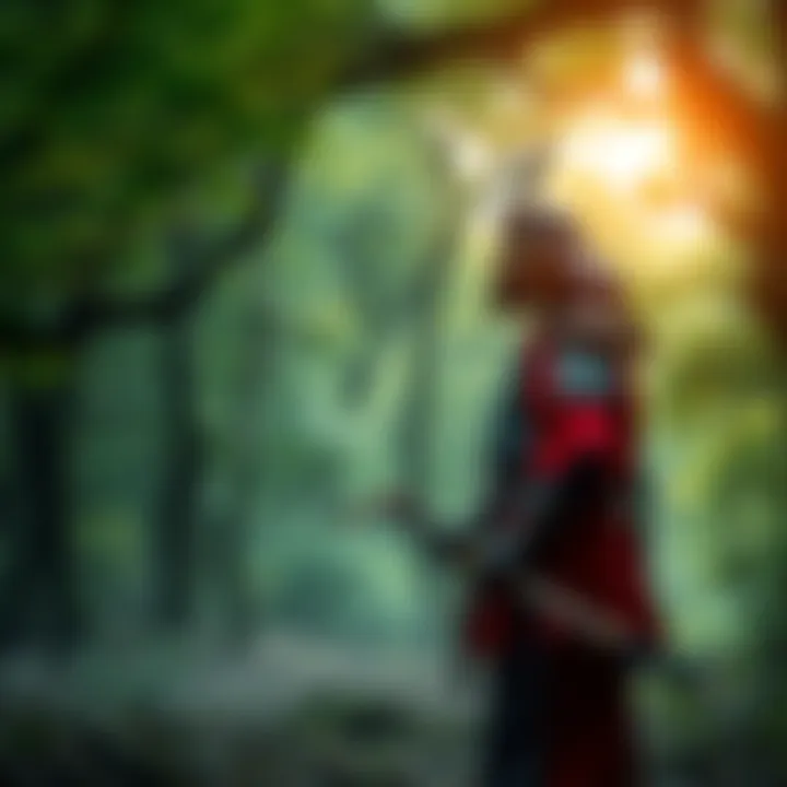 A character dressed in traditional samurai armor stands in a lush green forest, holding a katana and looking determined, representing the game's historical theme.