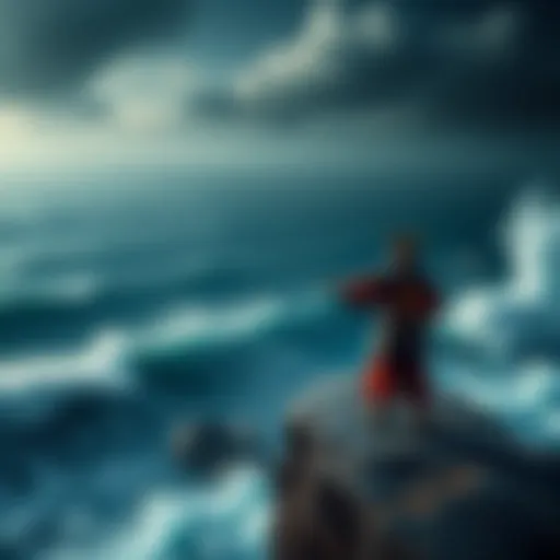 A samurai warrior standing on a cliff overlooking a dark ocean, holding a sword, with waves crashing below.