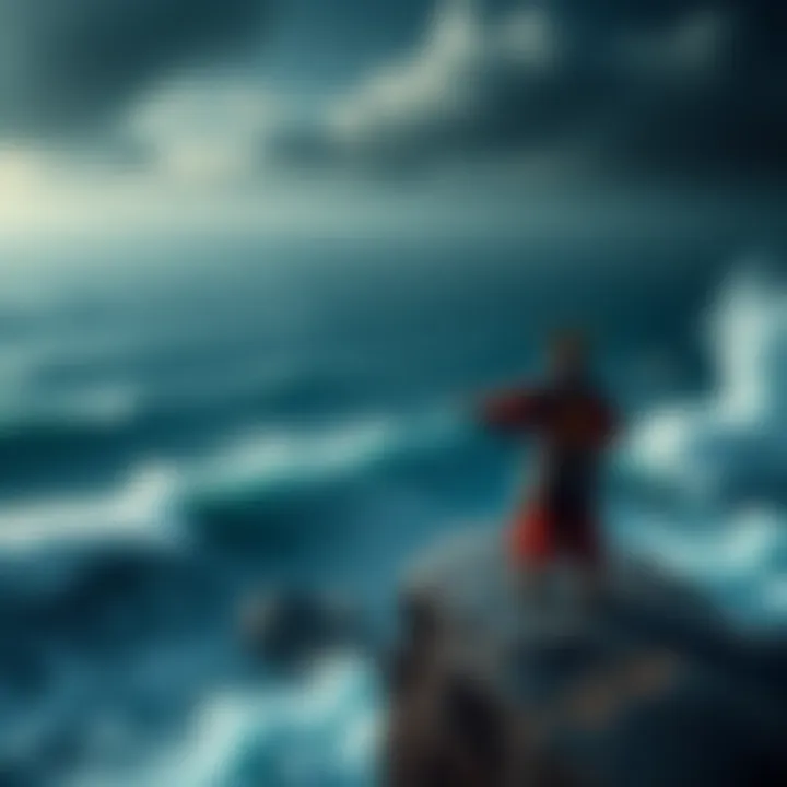 A samurai warrior standing on a cliff overlooking a dark ocean, holding a sword, with waves crashing below.