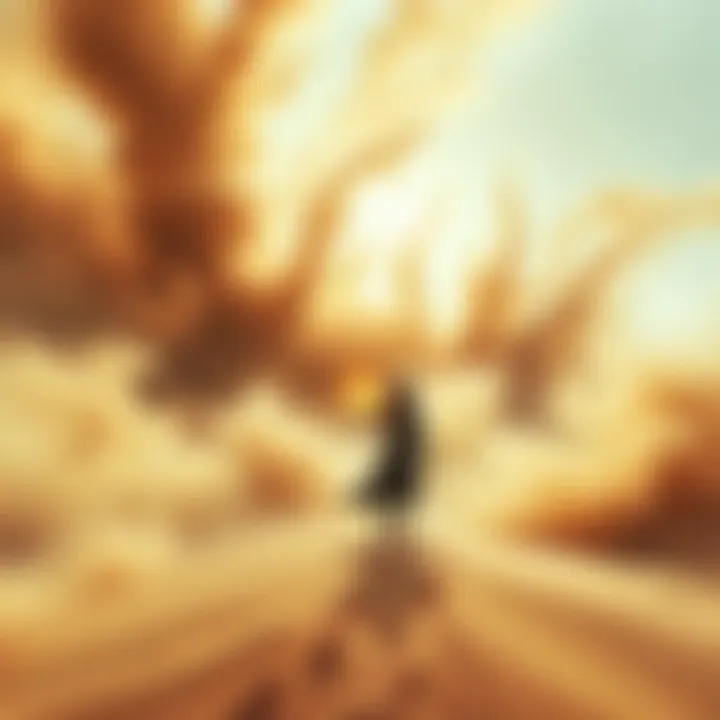 A swirling sandstorm in a desert landscape with a mysterious figure summoning energy amidst the chaos.