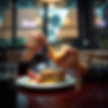 A person sits at a dining table, carefully using a knife and fork to eat a sandwich, illustrating a unique dining habit.