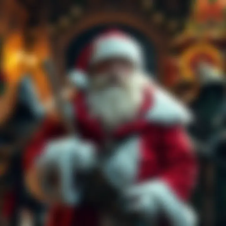 A depiction of Santa Claus dressed as various Dungeons & Dragons classes, showcasing him in festive outfits themed around warrior, wizard, rogue, and more.