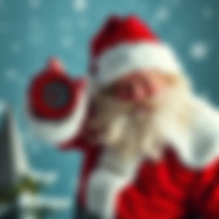 Santa Claus dressed in red and white holding a copyright symbol, standing in front of a snowy background
