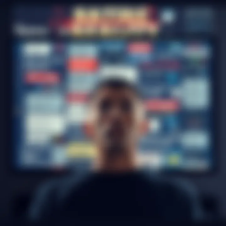 A confused person looking at a computer screen filled with mixed messages about satire and real news.