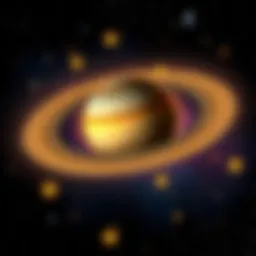 An artistic representation of Saturn with rings, surrounded by stars, symbolizing power and myth.