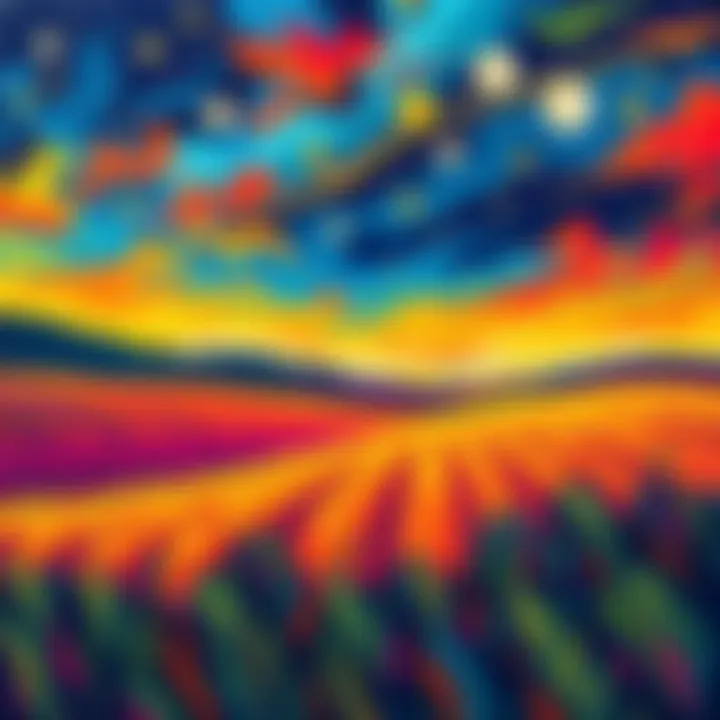 A vibrant painting titled Saudade Field, showcasing colorful fields under a starry night sky with abstract elements.