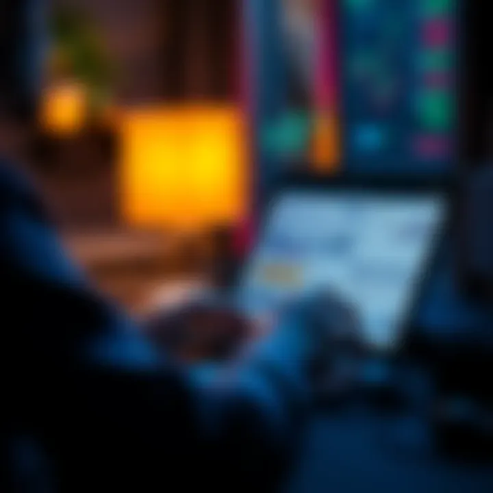 Saving money with AI A person analyzing their finances with a laptop, showing charts and subscription lists to cut costs.