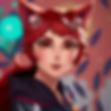 Scarlet Cat-Girl Character A vibrant illustration of the Scarlet cat-girl character with red fur, cat ears, and playful expression, set against a colorful background.
