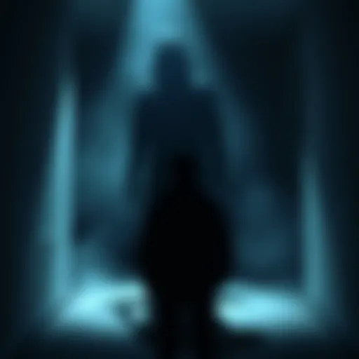 A shadowy figure stands in a dimly lit room, evoking fear and curiosity. A person gazes in surprise at the figure from a distance.