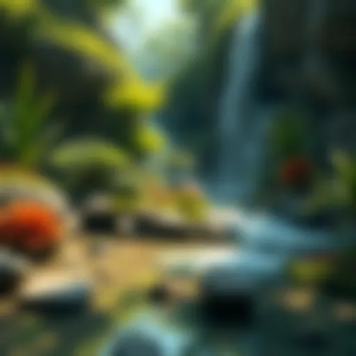 A vibrant oasis with lush greenery, stones, and flowing water, reflecting the beauty of nature in the short film Waḥa.