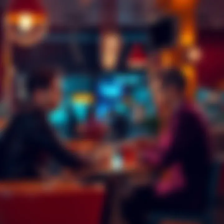 A vibrant scene depicting characters from the film Perfect, No Notes, engaged in an intense conversation in a stylish cafe setting.