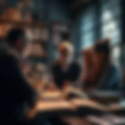 A group of scholars and psychologists engaging in a discussion about the social effects of artificial intelligence, surrounded by books and research materials.
