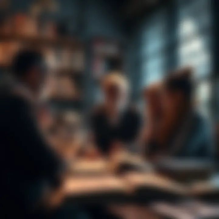 A group of scholars and psychologists engaging in a discussion about the social effects of artificial intelligence, surrounded by books and research materials.