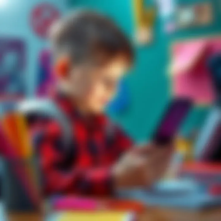 Schoolboy chatting with AI chatbot A young boy interacting with an AI chatbot on a smartphone, surrounded by school supplies, showing interest and engagement.