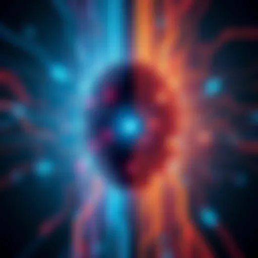 A digital representation of artificial intelligence, showing a split view of potential futures and choices it can make, with tech elements like circuits and data lines merging into a light source.