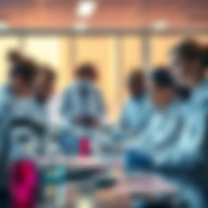A group of diverse scientists in lab coats working together at a research table with cancer-related materials; they are focused and engaged in discussion.