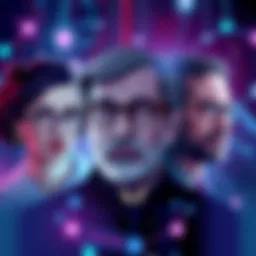 Illustration showing portraits of Curie, Hawking, and Turing with AI elements in the background