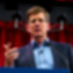 Scott McNealy speaking about digital privacy at a podium with a serious expression.