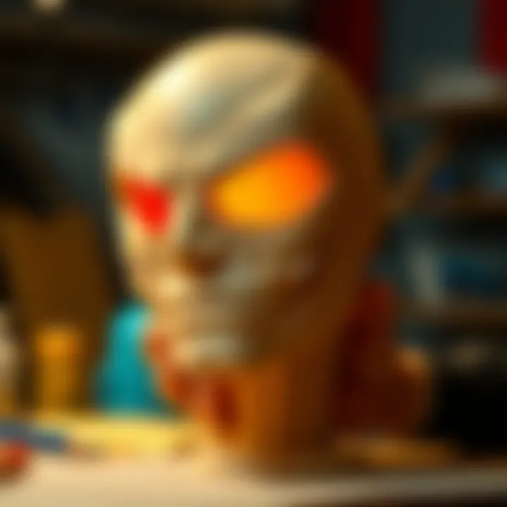 A beginner sculptor working on a clay superhero mask, focusing on shaping and symmetry.