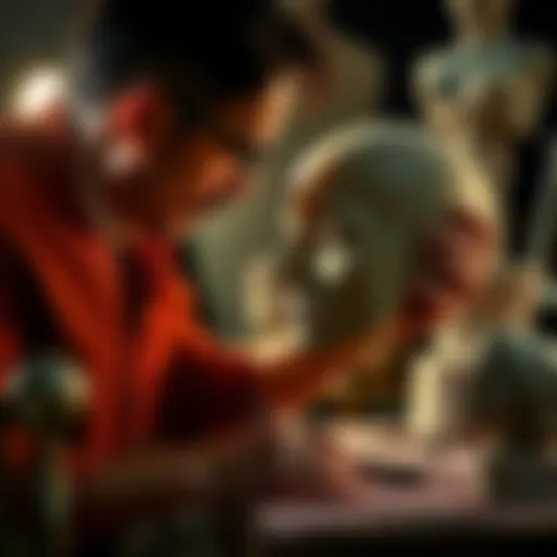 An artist carefully shaping a head sculpture from clay, focusing on proportions and details, with reference images nearby.
