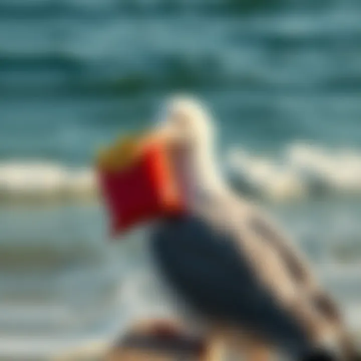 A seagull perched on a beach, grasping a French fry health bar in its beak, with ocean waves in the background