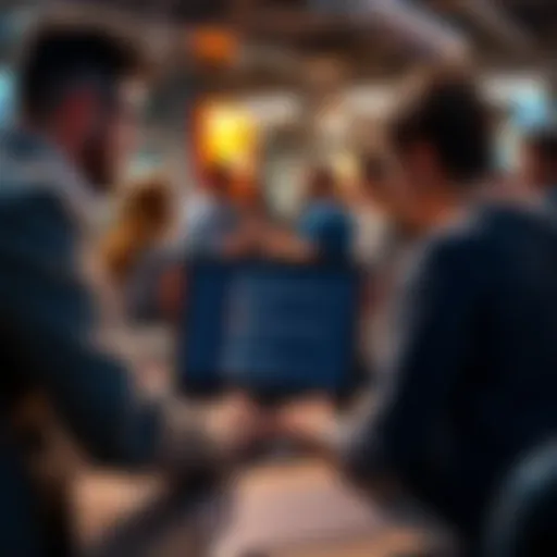 People discussing the need for a search function to find anchors in online forums, featuring a laptop showing forum posts.