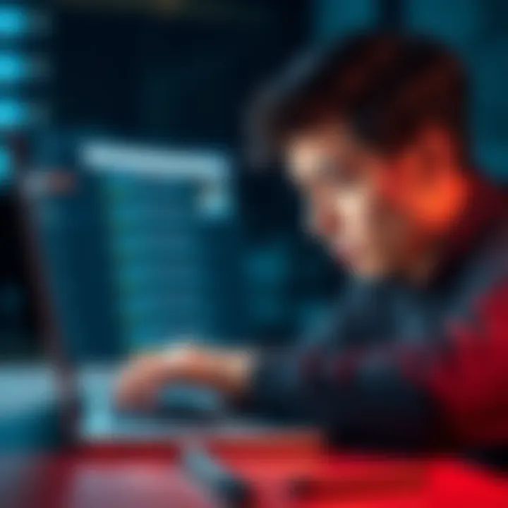 A person looking frustrated while using a search engine on a laptop, showing confusing search results on the screen.