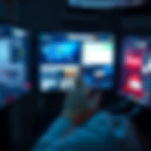 A person looks at multiple screens displaying different online marketplaces and search engines while searching for specific assets or addons.