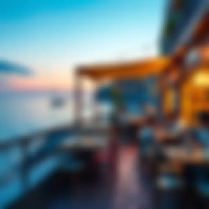 A cozy seaside café with outdoor seating overlooking the ocean, featuring a chef preparing Italian dishes and customers enjoying their meals.