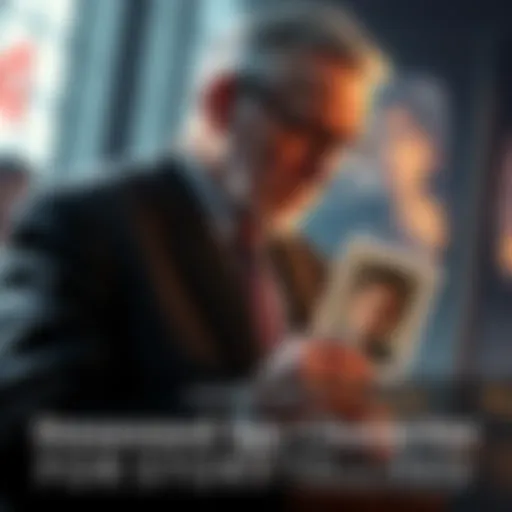 An older man in a suit holding a briefcase, looking thoughtfully at a photo of a child, symbolizing his roles as a spy and a father