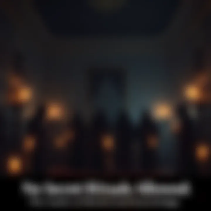 A group of people in cloaks performing a ritual in a dimly lit room with candles and symbols on the walls.