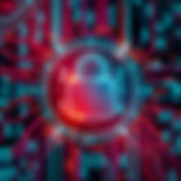 A visual representation of a strong password with multiple characters surrounded by a digital lock symbol, illustrating the importance of password security against cyber threats.