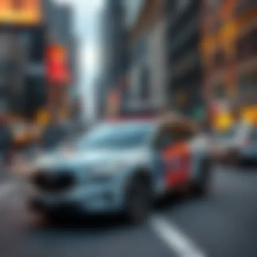 A self-driving car navigating a busy city street with pedestrians and buildings around.