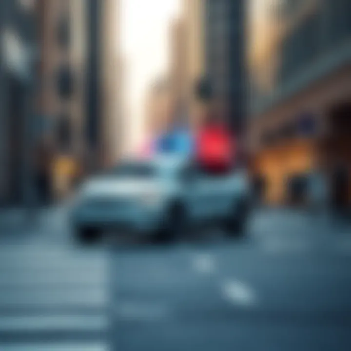 A self-driving car navigating through city streets with pedestrians and buildings around, showing modern urban planning