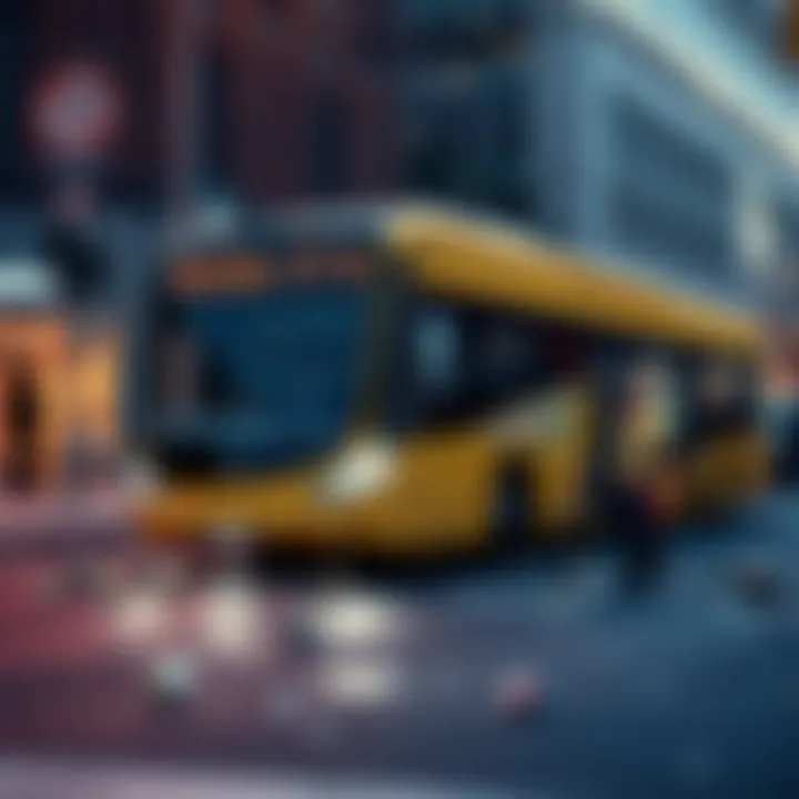 A self-driving bus and tram colliding in the street on the bus's first day of service, with debris scattered around.
