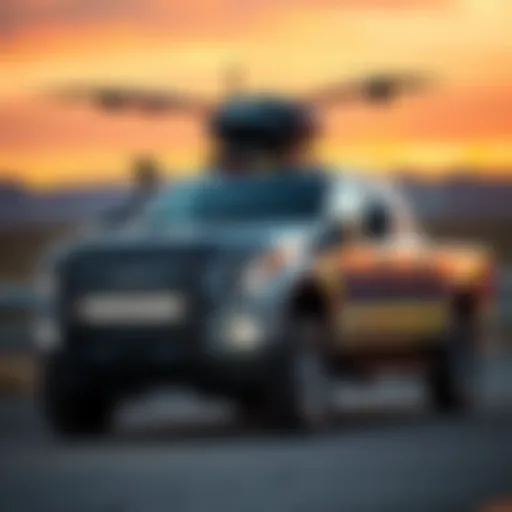 A self-driving Ford F-250 truck equipped with a drone-killing turret, ready for action in a testing area.