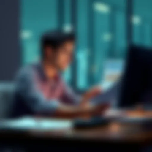 A thoughtful person sitting at a desk, looking at sales reports with a worried expression, contemplating mistakes and strategies for improvement.