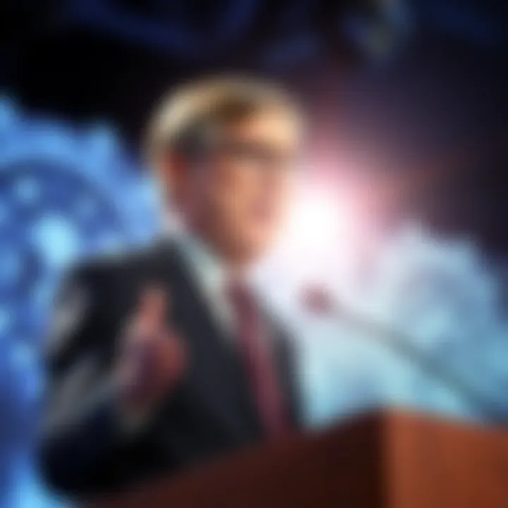 Senator Mark Warner speaking at a podium about artificial intelligence risks, showing mixed emotions of hope and concern.