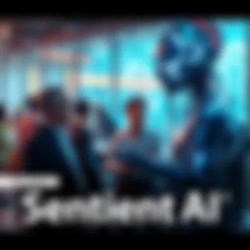 People discussing the implications of sentient AI in a modern setting, with futuristic technology in the background.