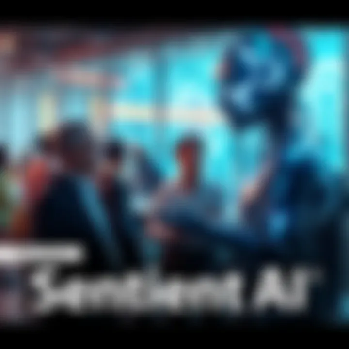 People discussing the implications of sentient AI in a modern setting, with futuristic technology in the background.