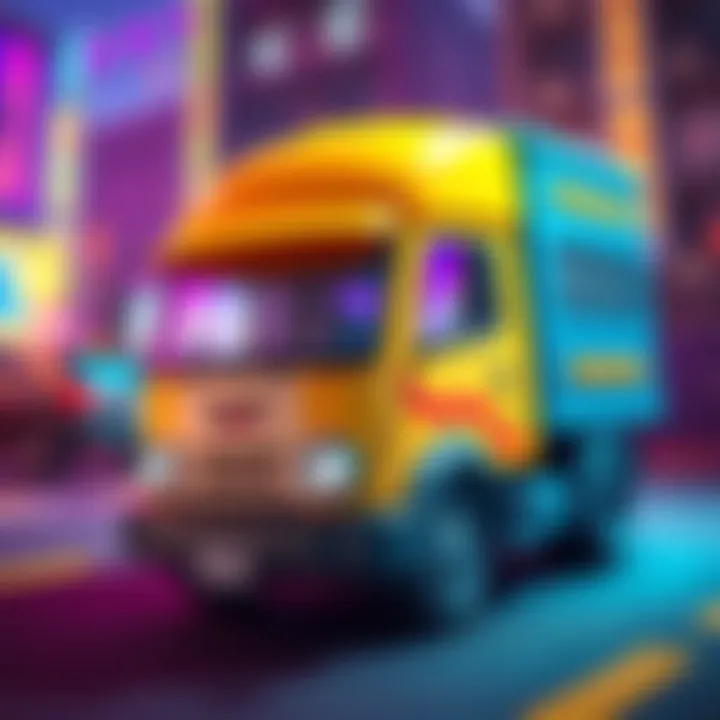 A cheerful kei truck character from the game Good Luck, Little Truck, with bright colors and a happy expression, on a vibrant game background.