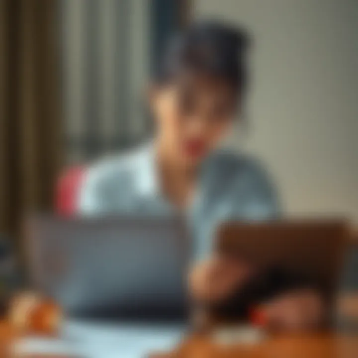 A young woman sitting at a desk with a laptop, looking concerned. Documents and a bottle of pills are visible, representing a serious situation.
